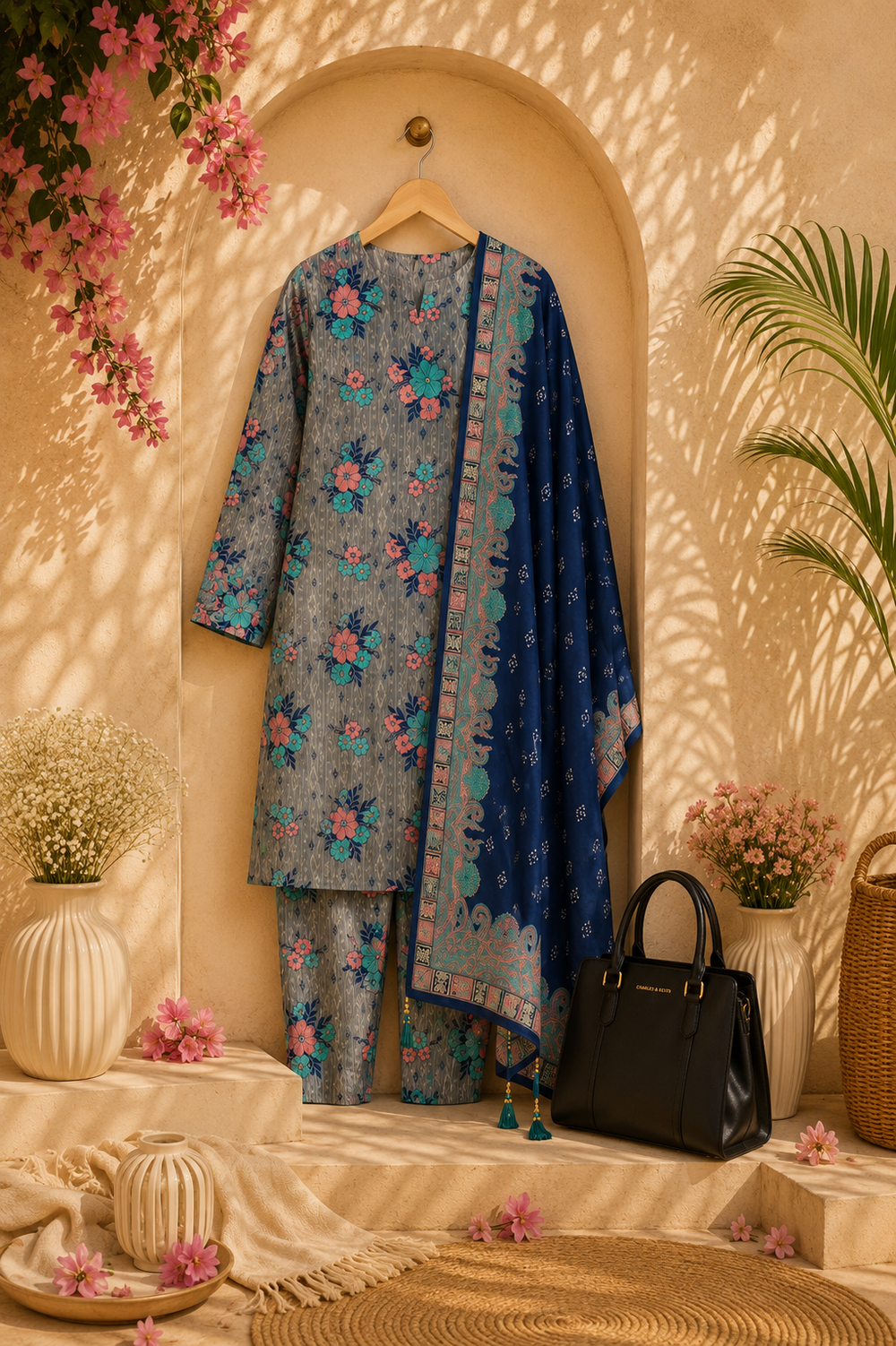 PRINTED 3PCs SWISS LAWN SUIT - W1715