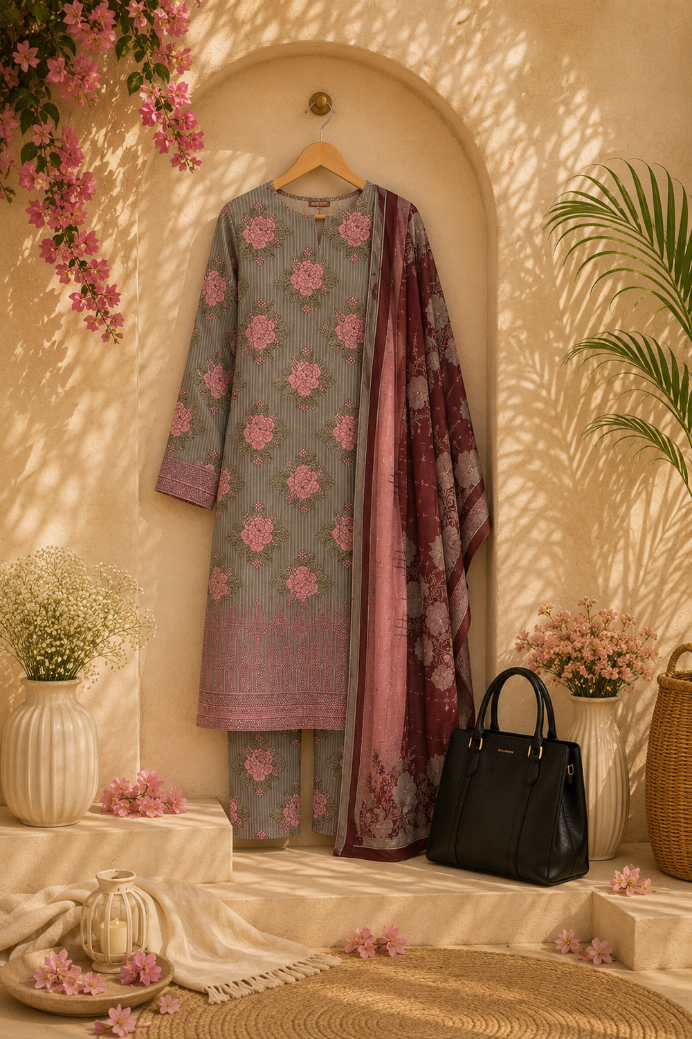 PRINTED 3PCs SWISS LAWN SUIT - W1802