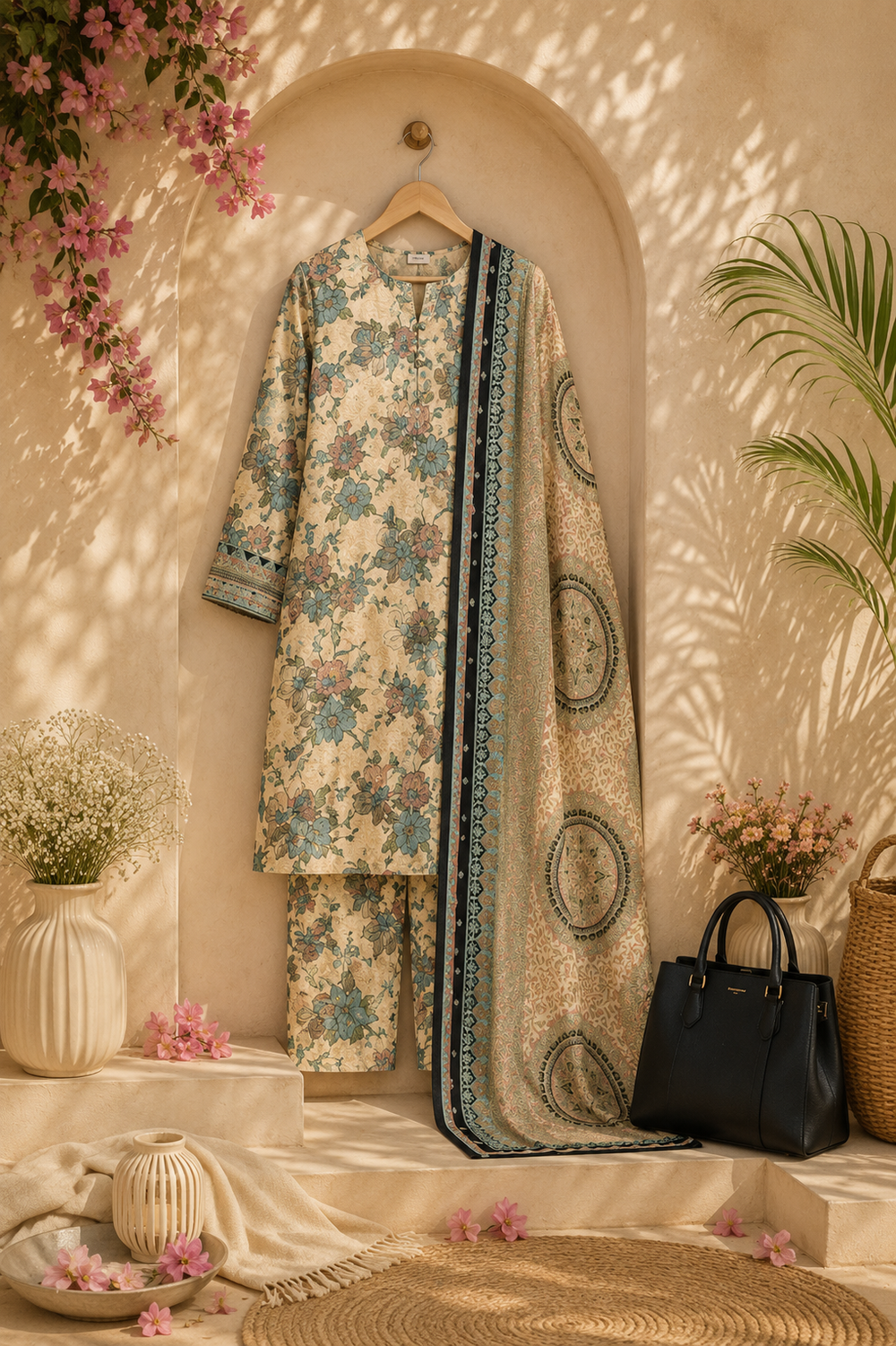 PRINTED 3PCs SWISS LAWN SUIT - W1604