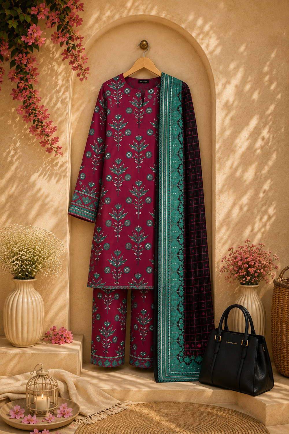 PRINTED 3PCs SWISS LAWN SUIT - W1504
